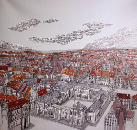 "Fransa" eseri SÜMEYYE YUŞAN tarafından 2017 yılında 70x70 cm ölçülerinde Tuval üzeri karışık teknik tekniği ile yapılmıştır.