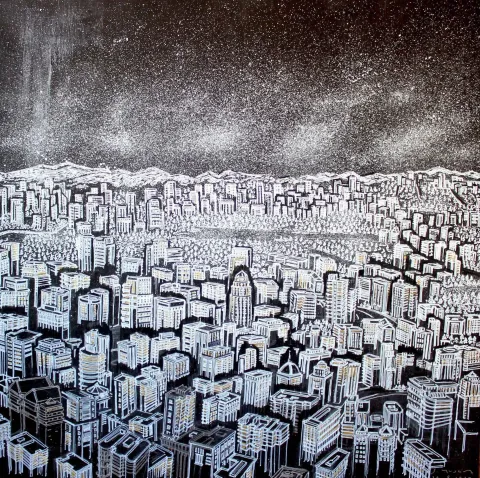 "New York Gecesi" eseri SÜMEYYE YUŞAN tarafından 2017 yılında 70x70 cm ölçülerinde Tuval üzeri karışık teknik tekniği ile yapılmıştır.