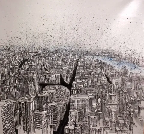 "New York" eseri SÜMEYYE YUŞAN tarafından 2017 yılında 70x70 cm ölçülerinde Tuval üzeri karışık teknik tekniği ile yapılmıştır.