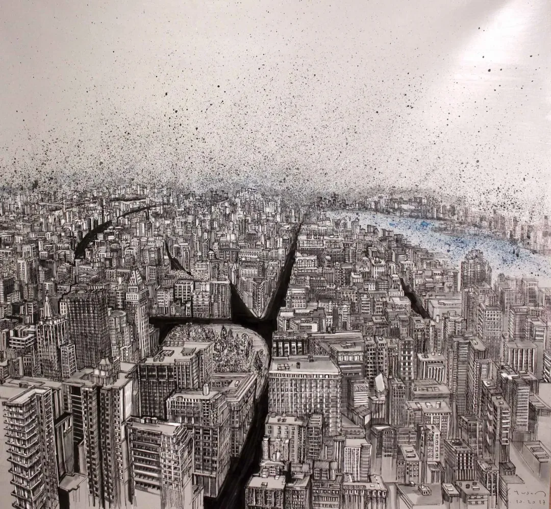 "New York" eseri SÜMEYYE YUŞAN tarafından 2017 yılında 70x70 cm ölçülerinde Tuval üzeri karışık teknik tekniği ile yapılmıştır.