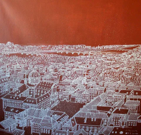 "Prag" eseri SÜMEYYE YUŞAN tarafından 2017 yılında 70x70 cm ölçülerinde Tuval üzeri karışık teknik tekniği ile yapılmıştır.