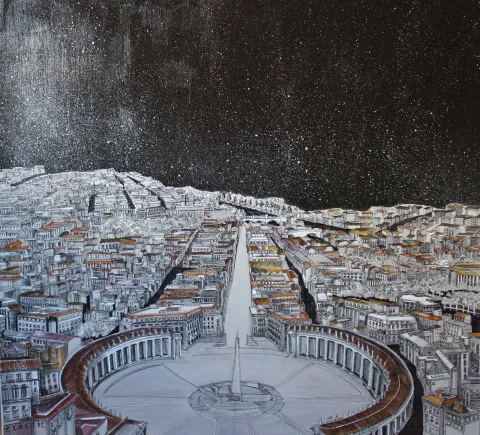 "San Pietro" eseri SÜMEYYE YUŞAN tarafından 2017 yılında 70x70 cm ölçülerinde Tuval üzeri karışık teknik tekniği ile yapılmıştır.