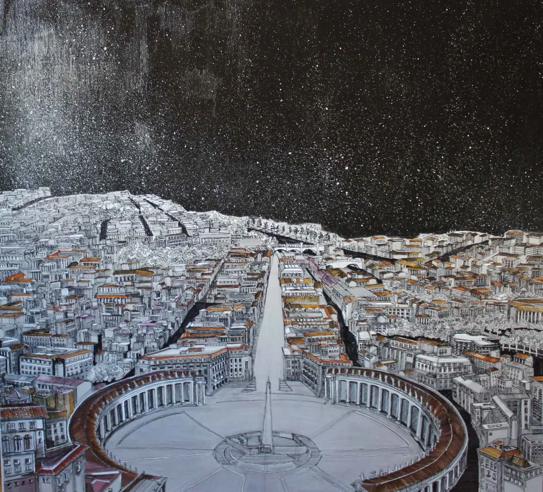 "San Pietro" eseri SÜMEYYE YUŞAN tarafından 2017 yılında 70x70 cm ölçülerinde Tuval üzeri karışık teknik tekniği ile yapılmıştır.
