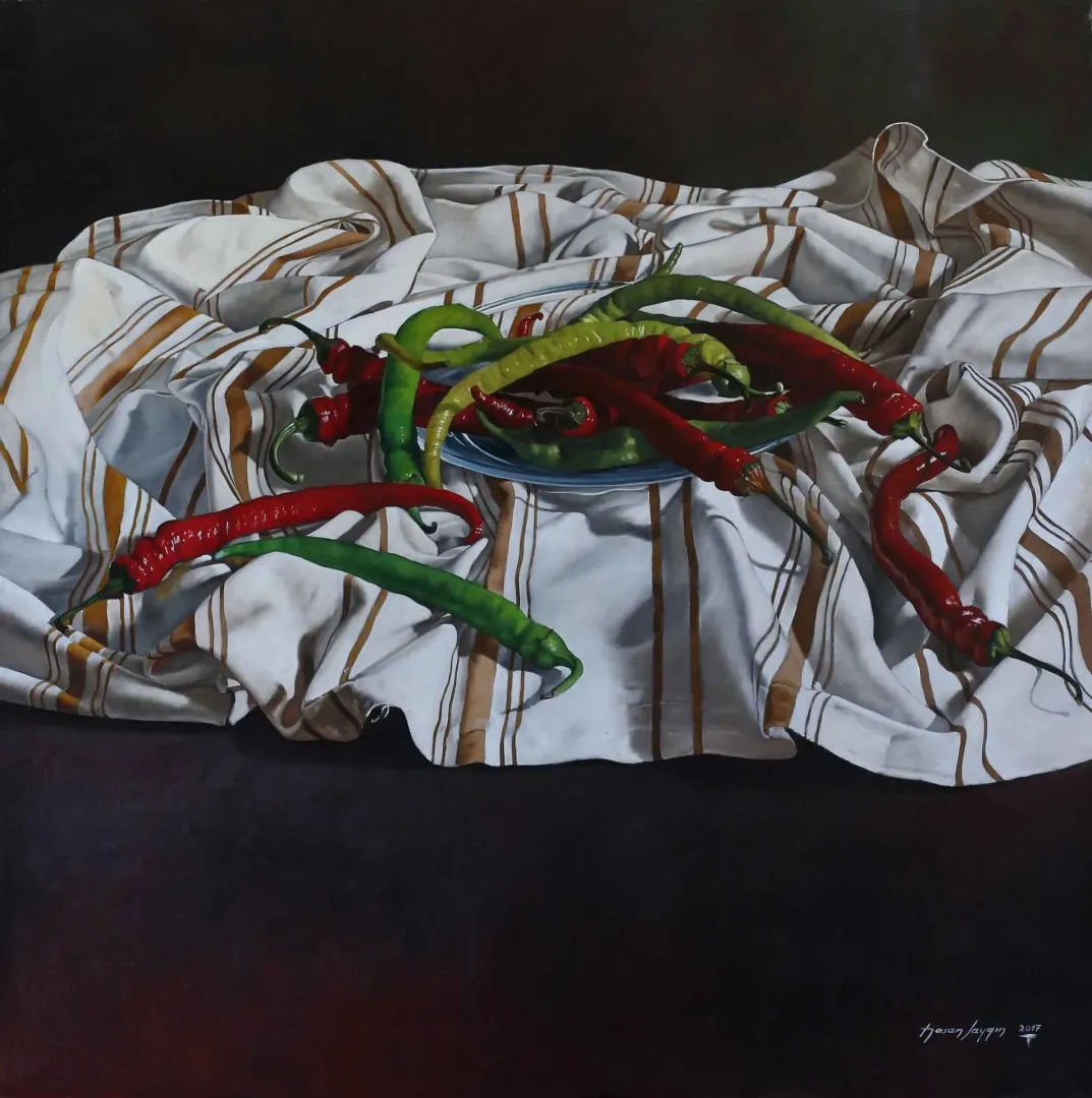HASAN SAYGIN — “Biberler”, 2017 "Biberler" eseri HASAN SAYGIN tarafından 2017 yılında 70x70 cm ölçülerinde Tuval üzeri yağlı boya tekniği ile yapılmıştır.