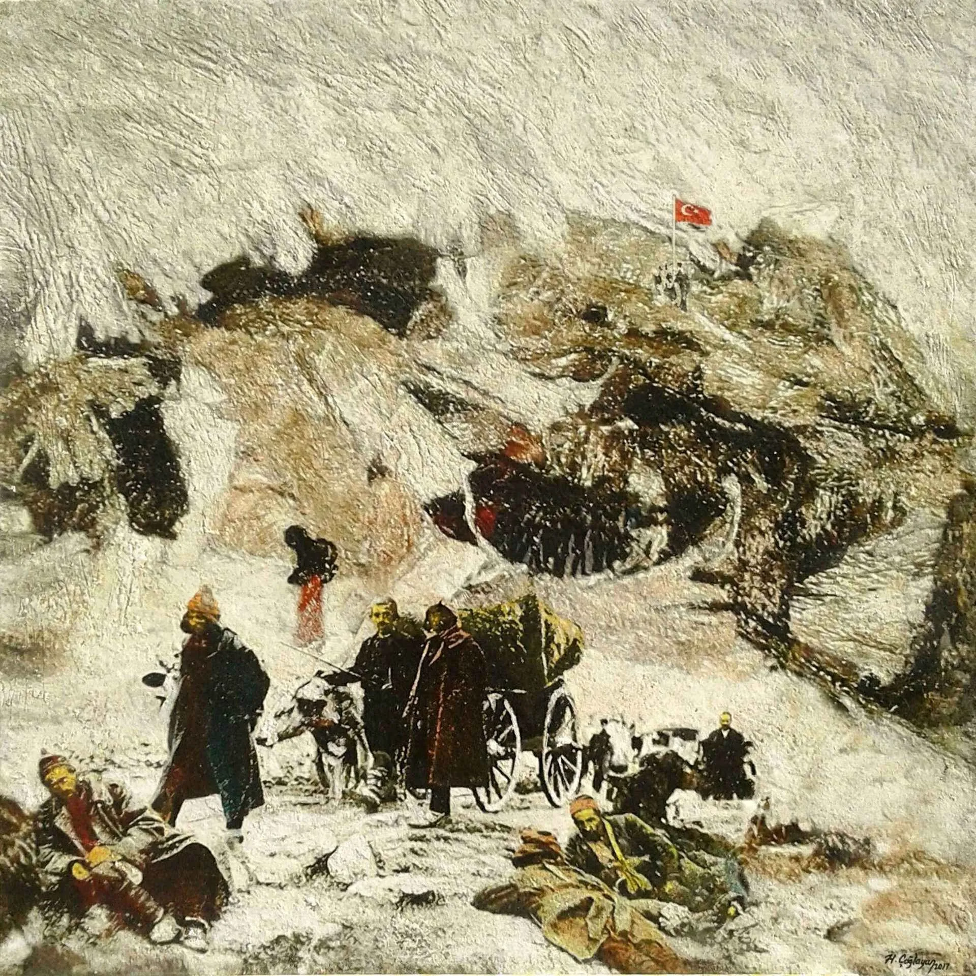 "Kuva-yi Milliye - I" eseri HASAN ÇAĞLAYAN tarafından 2017 yılında 70x70 cm ölçülerinde Tuval üzeri karışık teknik tekniği ile yapılmıştır.