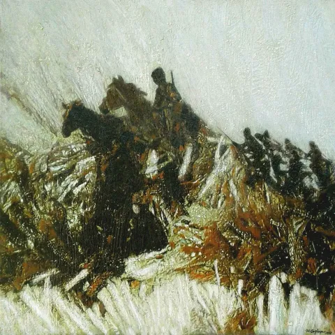 "Kuva-yi Milliye - III" eseri HASAN ÇAĞLAYAN tarafından 2017 yılında 70x70 cm ölçülerinde Tuval üzeri karışık teknik tekniği ile yapılmıştır.