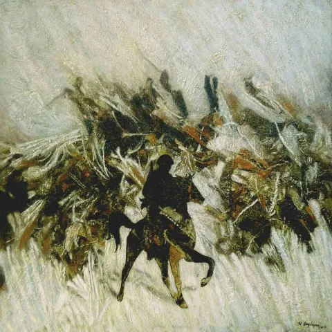 "Kuva-yi Milliye - IV" eseri HASAN ÇAĞLAYAN tarafından 2017 yılında 70x70 cm ölçülerinde Tuval üzeri karışık teknik tekniği ile yapılmıştır.
