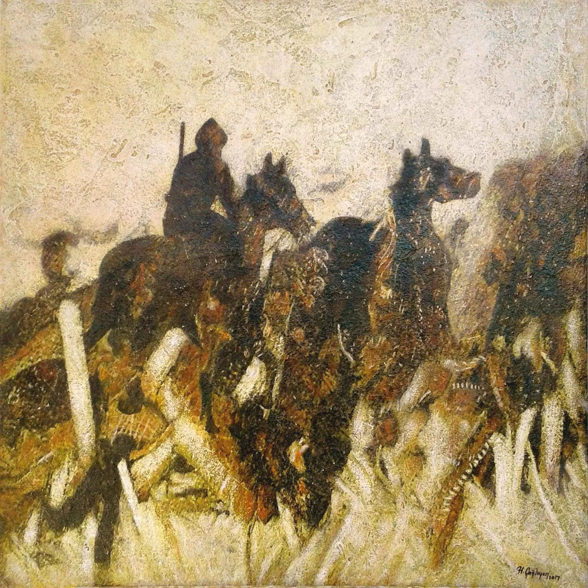 "Kuva-yi Milliye - V" eseri HASAN ÇAĞLAYAN tarafından 2017 yılında 70x70 cm ölçülerinde Tuval üzeri karışık teknik tekniği ile yapılmıştır.