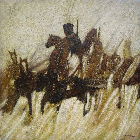 "Kuva-yi Milliye - VI" eseri HASAN ÇAĞLAYAN tarafından 2017 yılında 70x70 cm ölçülerinde Tuval üzeri karışık teknik tekniği ile yapılmıştır.