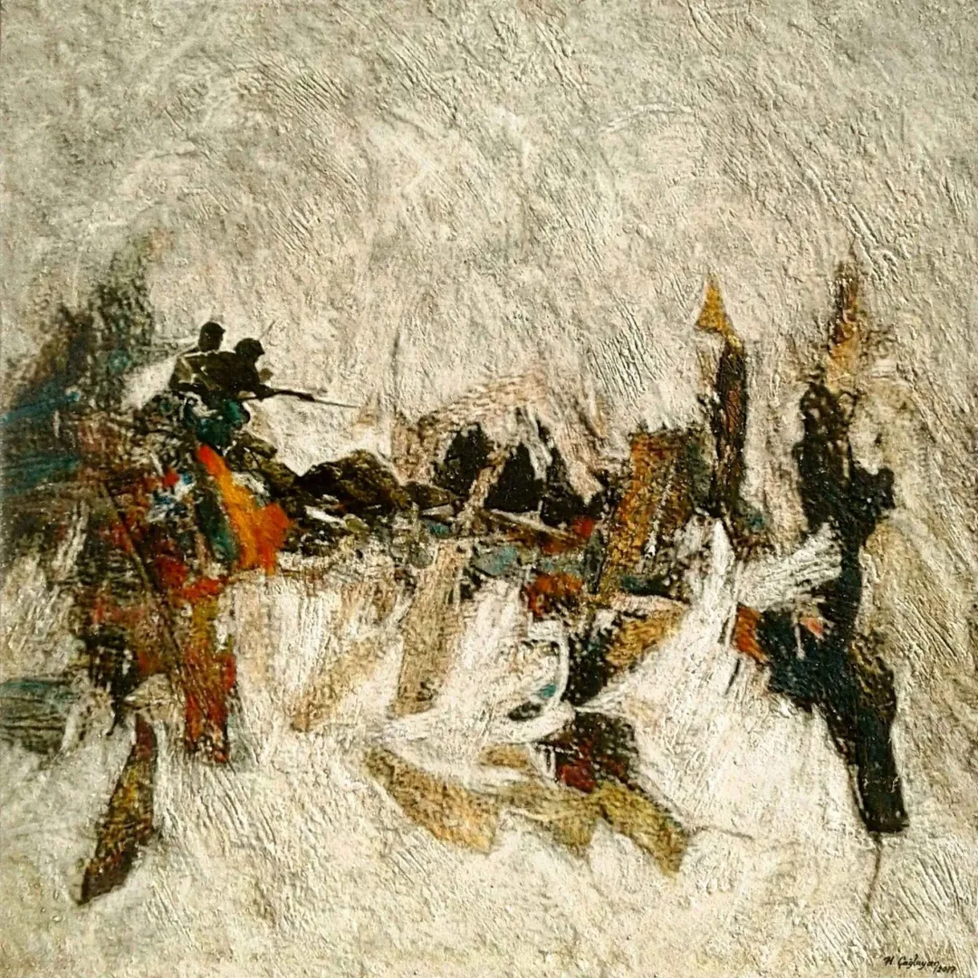 yakınlaştır "Kuva-yi Milliye - Ix" eseri HASAN ÇAĞLAYAN tarafından 2017 yılında 70x70 cm ölçülerinde Tuval üzeri karışık teknik tekniği ile yapılmıştır.