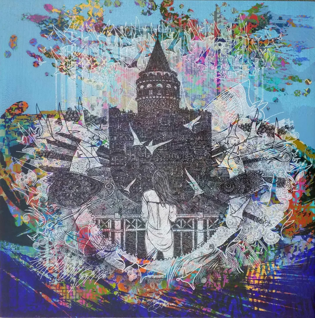 yakınlaştır "İstanbula bakış" eseri ENGİN KORKMAZ tarafından 2017 yılında 70x70 cm ölçülerinde Tuvale üzeri akrilik boya boya tekniği ile yapılmıştır.