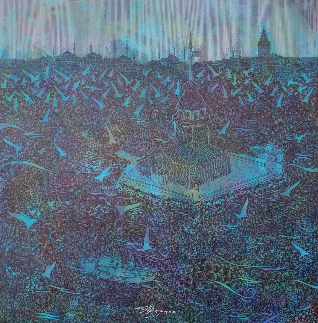 "İstanbula bakış" eseri ENGİN KORKMAZ tarafından 2017 yılında 70x70 cm ölçülerinde Tuvale üzeri akrilik boya boya tekniği ile yapılmıştır.