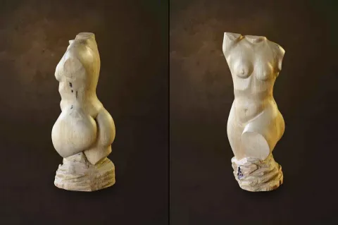Bu eser AZİMET KARAMAN tarafından 2016 yılında 58x22x27 cm ölçülerinde Ahşap Yontma (Kayın) tekniği ile yapılmıştır.