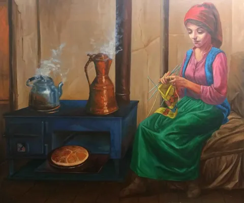 "Ala çorap ören kadın" eseri DEVRİM DEMİRAL tarafından 2017 yılında 100x120 cm ölçülerinde Tuval üzeri yağlı boya tekniği ile yapılmıştır.