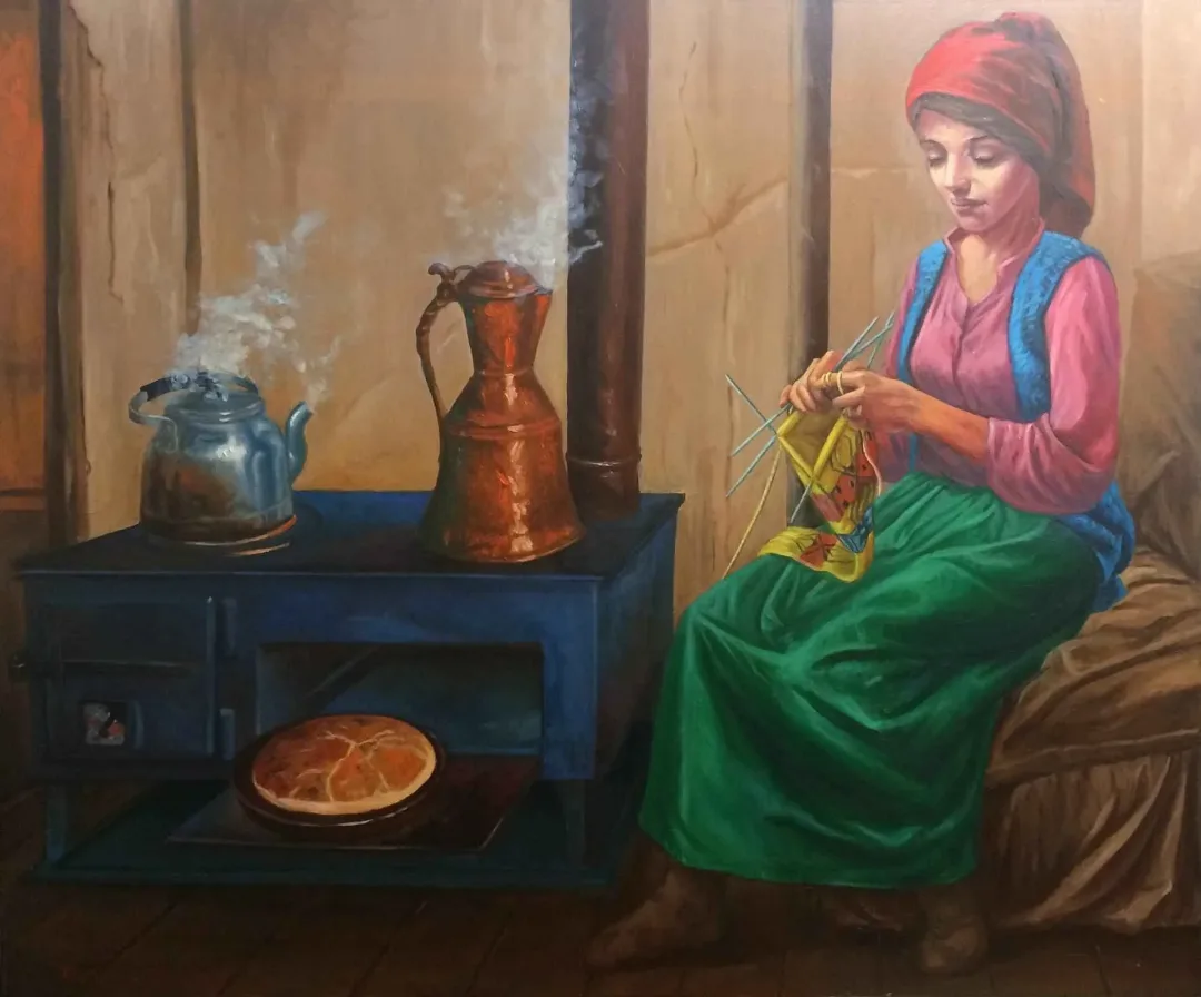 "Ala çorap ören kadın" eseri DEVRİM DEMİRAL tarafından 2017 yılında 100x120 cm ölçülerinde Tuval üzeri yağlı boya tekniği ile yapılmıştır.