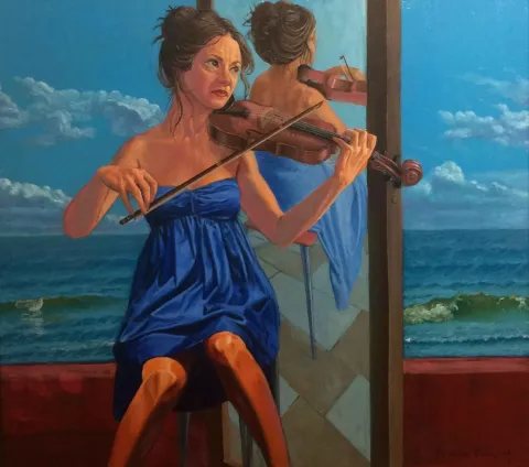 DEVRİM DEMİRAL — “Keman çalan kız”, 2017 "Keman çalan kız" eseri DEVRİM DEMİRAL tarafından 2017 yılında 90x100 cm ölçülerinde Tuval üzeri yağlı boya tekniği ile yapılmıştır.