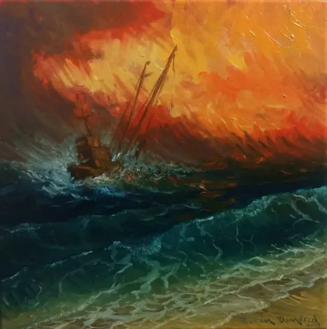 DEVRİM DEMİRAL — “Fırtınada balıkçı teknesi”, 2017 "Fırtınada balıkçı teknesi" eseri DEVRİM DEMİRAL tarafından 2017 yılında 25x25 cm ölçülerinde Tuval üzeri yağlı boya tekniği ile yapılmıştır.