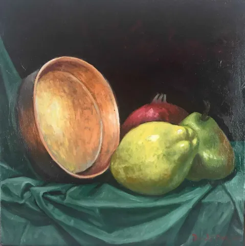 DEVRİM DEMİRAL — “Natürmort”, 2017 "Natürmort" eseri DEVRİM DEMİRAL tarafından 2017 yılında 25x25 cm ölçülerinde Tuval üzeri yağlı boya tekniği ile yapılmıştır.