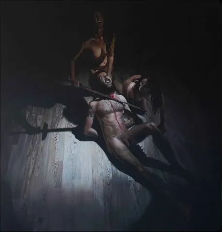 EMRAH EMİR — “Tahakkum”, 2015 "Tahakkum" eseri EMRAH EMİR tarafından 2015 yılında 170x160 cm ölçülerinde Tuval üzeri akrilik boya tekniği ile yapılmıştır.