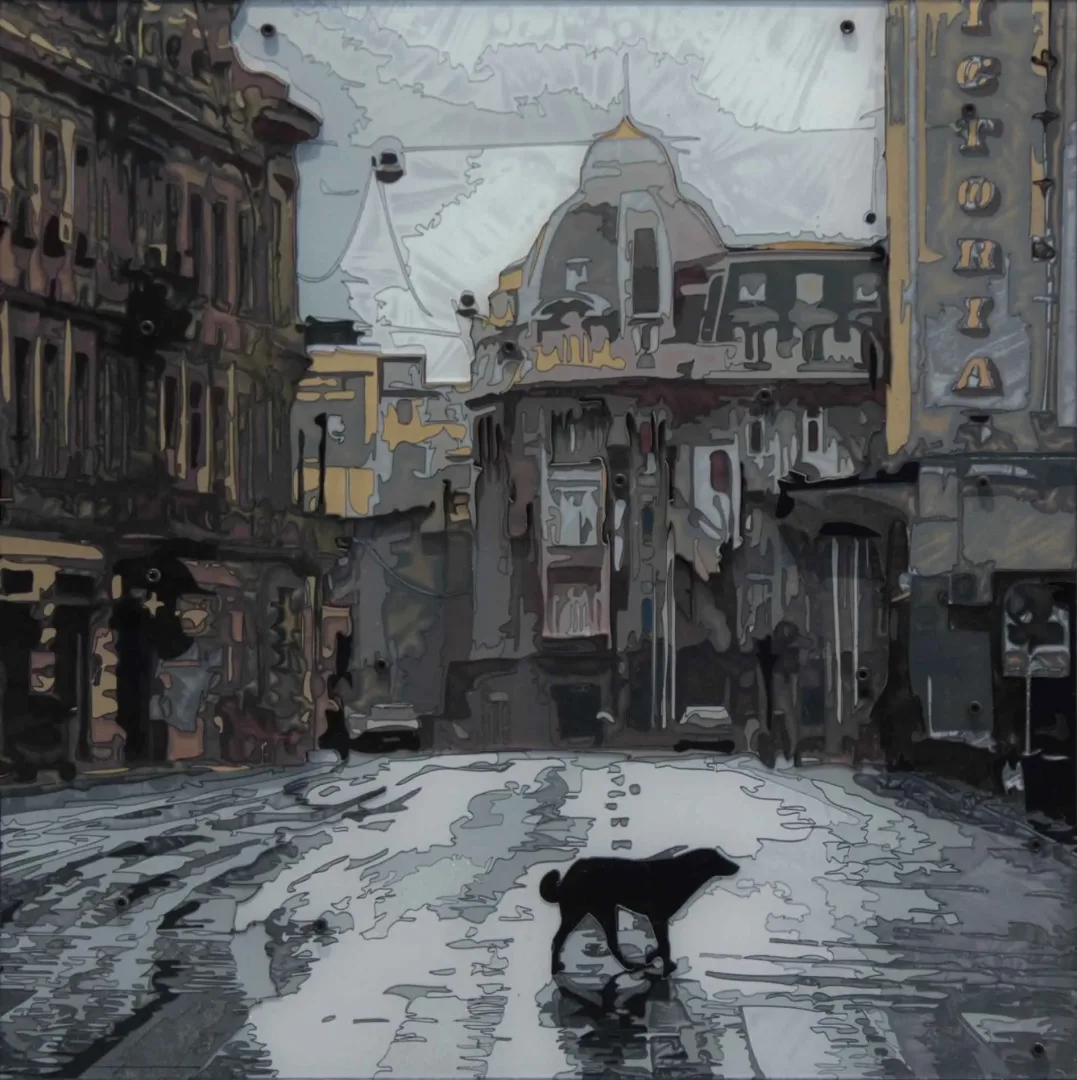 yakınlaştır "Köpek Gibi Yalnız" eseri EMRE LÜLE tarafından 2017 yılında 50x50 cm ölçülerinde Poliplastik tekniği ile yapılmıştır.