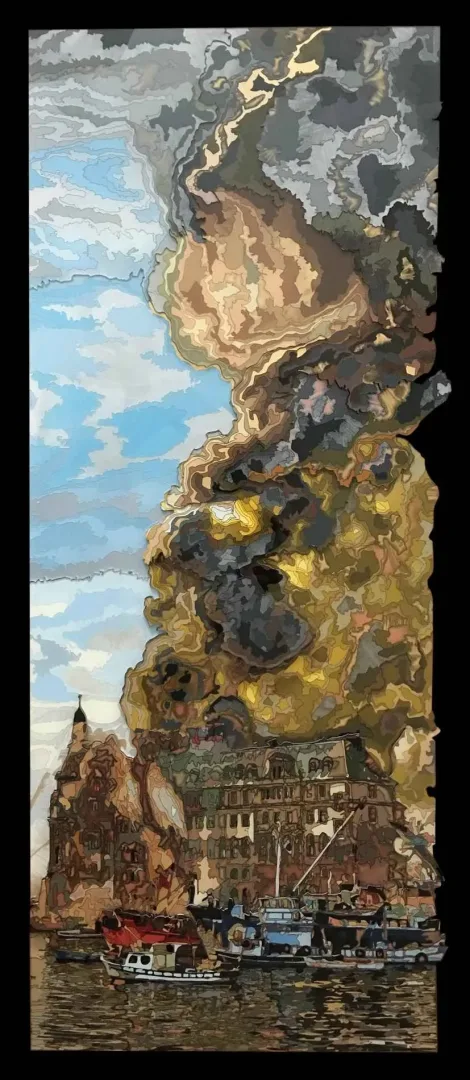"Haydarpaşanın Yanışı" eseri EMRE LÜLE tarafından 2017 yılında 125x50 cm ölçülerinde Poliplastik tekniği ile yapılmıştır.