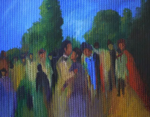 "Figür-yorum-II" eseri AHMET YEŞİL tarafından 2017 yılında 80x100 cm ölçülerinde Tuval üzeri yağlı boya tekniği ile yapılmıştır.