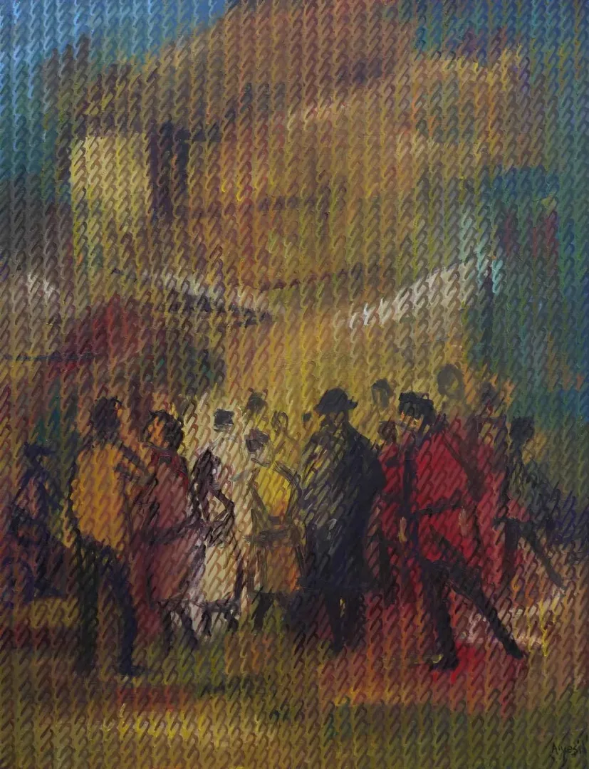 "Figür-yorum-IV" eseri AHMET YEŞİL tarafından 2017 yılında 80x60 cm ölçülerinde Tuval üzeri yağlı boya tekniği ile yapılmıştır.