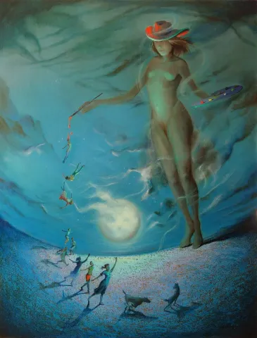 "Dolunay Gecesi Bir Ressam" eseri YUSUF ŞENGÜR tarafından 2017 yılında 116x89 cm ölçülerinde Tuval üzeri yağlı boya tekniği ile yapılmıştır.
