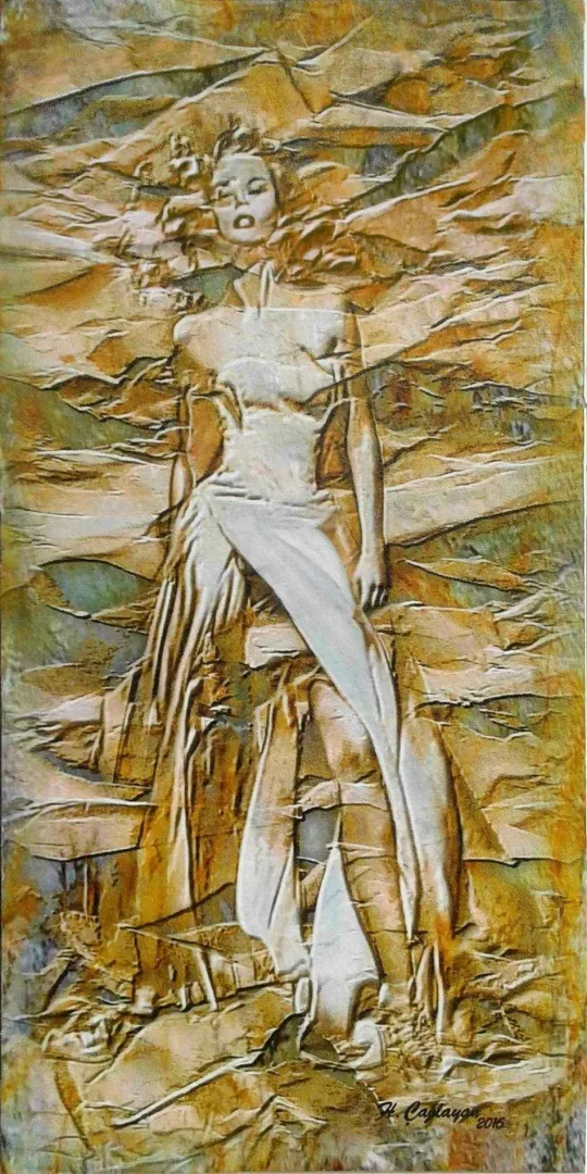 "Fosilleşmiş Bedenler" eseri HASAN ÇAĞLAYAN tarafından 120x60 cm ölçülerinde Tuval üzeri karışık teknik tekniği ile yapılmıştır.