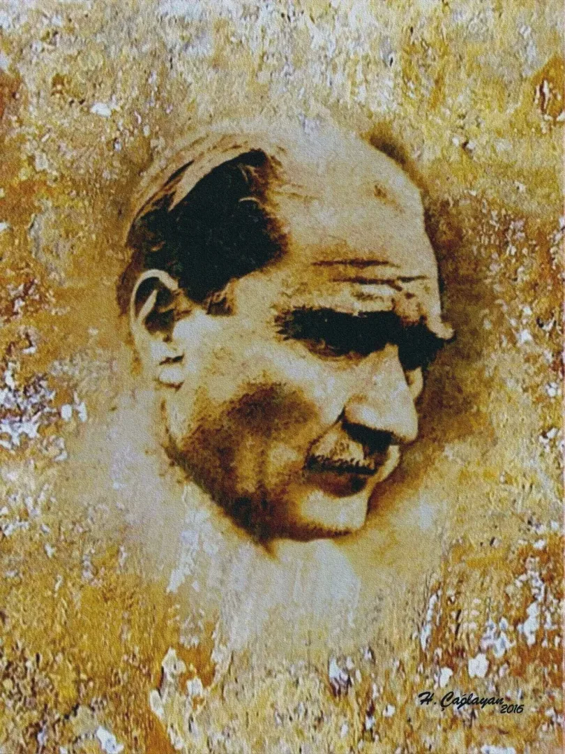 yakınlaştır "Atatürk" eseri HASAN ÇAĞLAYAN tarafından 80x60 cm ölçülerinde Tuval üzeri karışık teknik tekniği ile yapılmıştır.