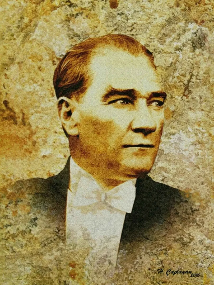 yakınlaştır "Atatürk" eseri HASAN ÇAĞLAYAN tarafından 80x60 cm ölçülerinde Tuval üzeri karışık teknik tekniği ile yapılmıştır.