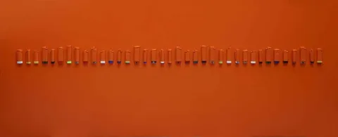 "Vermilyonunu Ruhu 37 Alev" eseri ALİ ÖZHAN GÜNEŞ tarafından 2017 yılında 65x160 cm ölçülerinde Tuval üzeri yerleştirilmiş antika nesneler tekniği ile yapılmıştır.