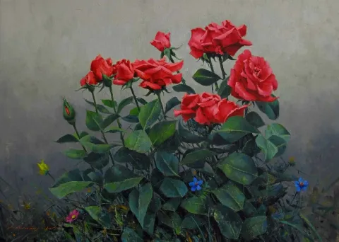 "Kırmızı güller" eseri FATİH KARAKAŞ tarafından 2017 yılında 50x70 cm ölçülerinde Tuval üzeri yağlı boya tekniği ile yapılmıştır.