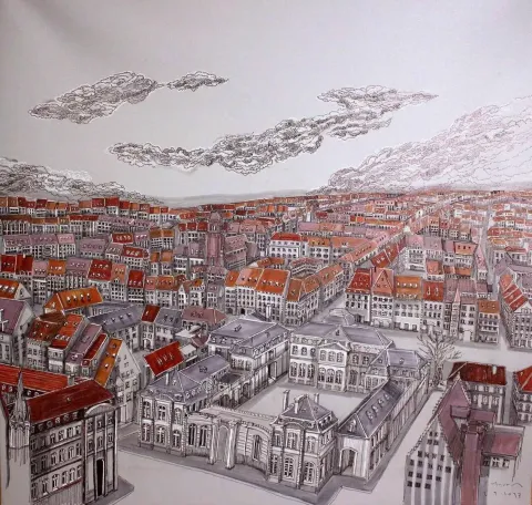"Fransa" eseri SÜMEYYE YUŞAN tarafından 2017 yılında 70x70 cm ölçülerinde Tuval üzeri karışık teknik tekniği ile yapılmıştır.
