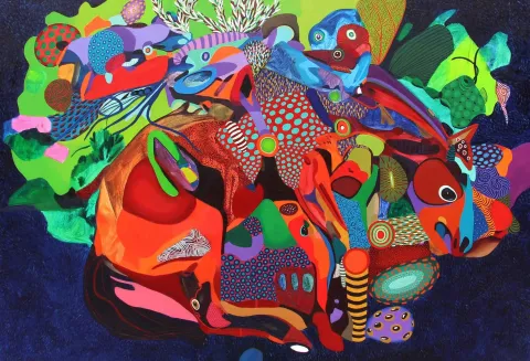 "Alga Marina" eseri LEVENT OYLUÇTARHAN tarafından 2017 yılında 100x150 cm ölçülerinde Tuval üzeri yağlı boya tekniği ile yapılmıştır.
