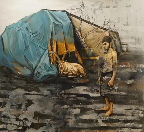 "İsimsiz" eseri MAHMUT ÖZDEMİR tarafından 2016 yılında 130x140 cm ölçülerinde Tuval üzeri karışık teknik tekniği ile yapılmıştır.