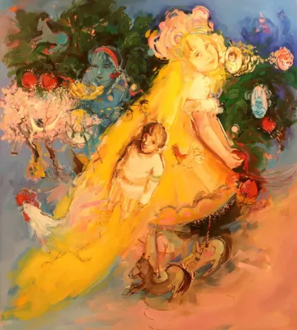 "Nymph" eseri PERUZE HAMURCU tarafından 100x90 cm ölçülerinde Tuval üzeri yağlı boya tekniği ile yapılmıştır.