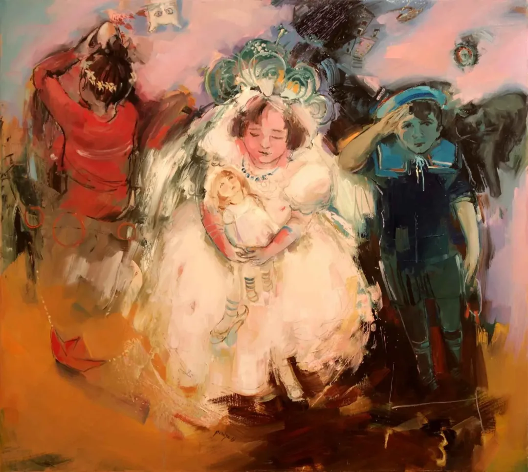 "Bakir Ruhlar" eseri PERUZE HAMURCU tarafından 90x100 cm ölçülerinde Tuval üzeri yağlı boya tekniği ile yapılmıştır.