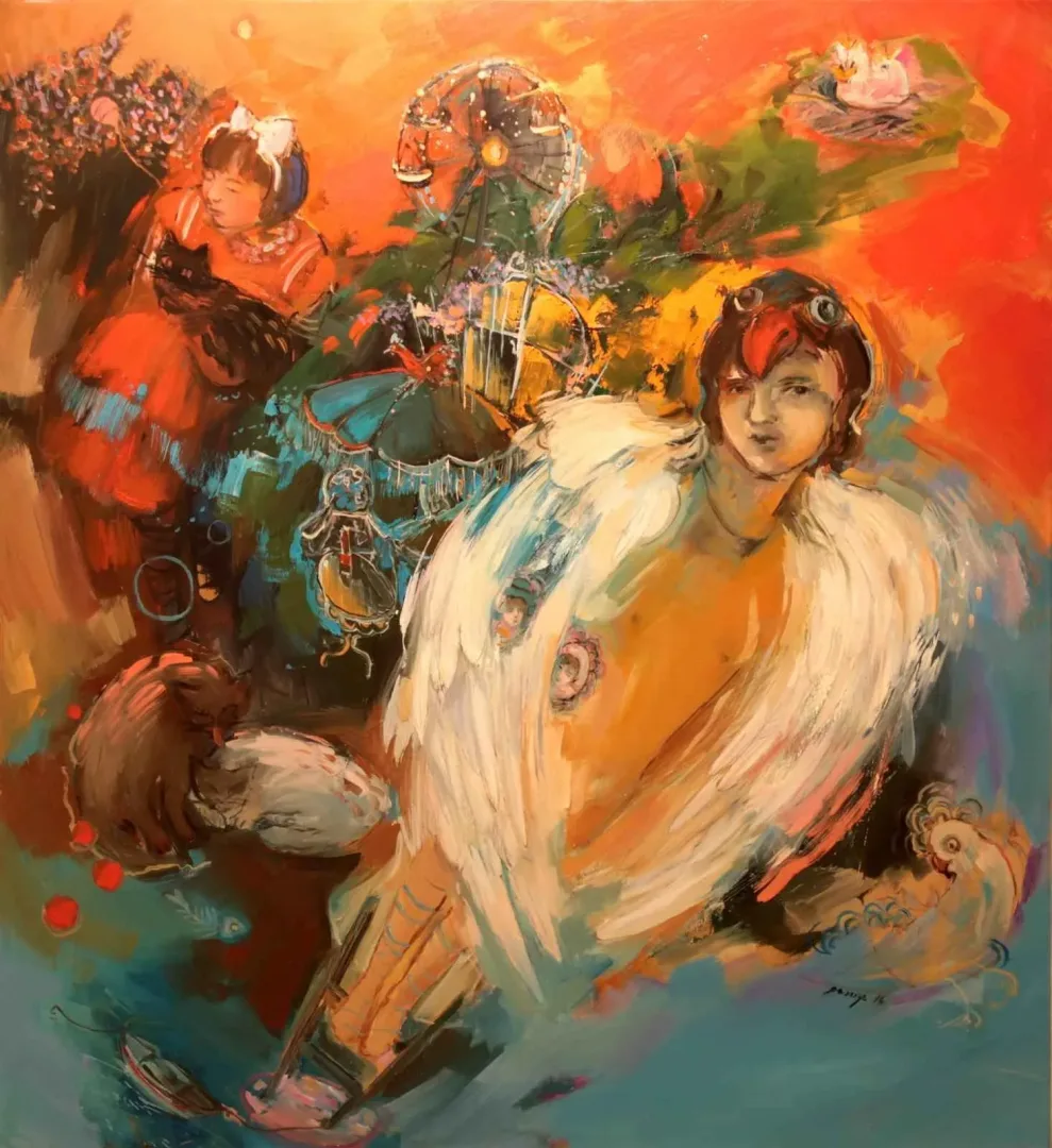yakınlaştır "Oğlu İkarus" eseri PERUZE HAMURCU tarafından 100x90 cm ölçülerinde Tuval üzeri yağlı boya tekniği ile yapılmıştır.