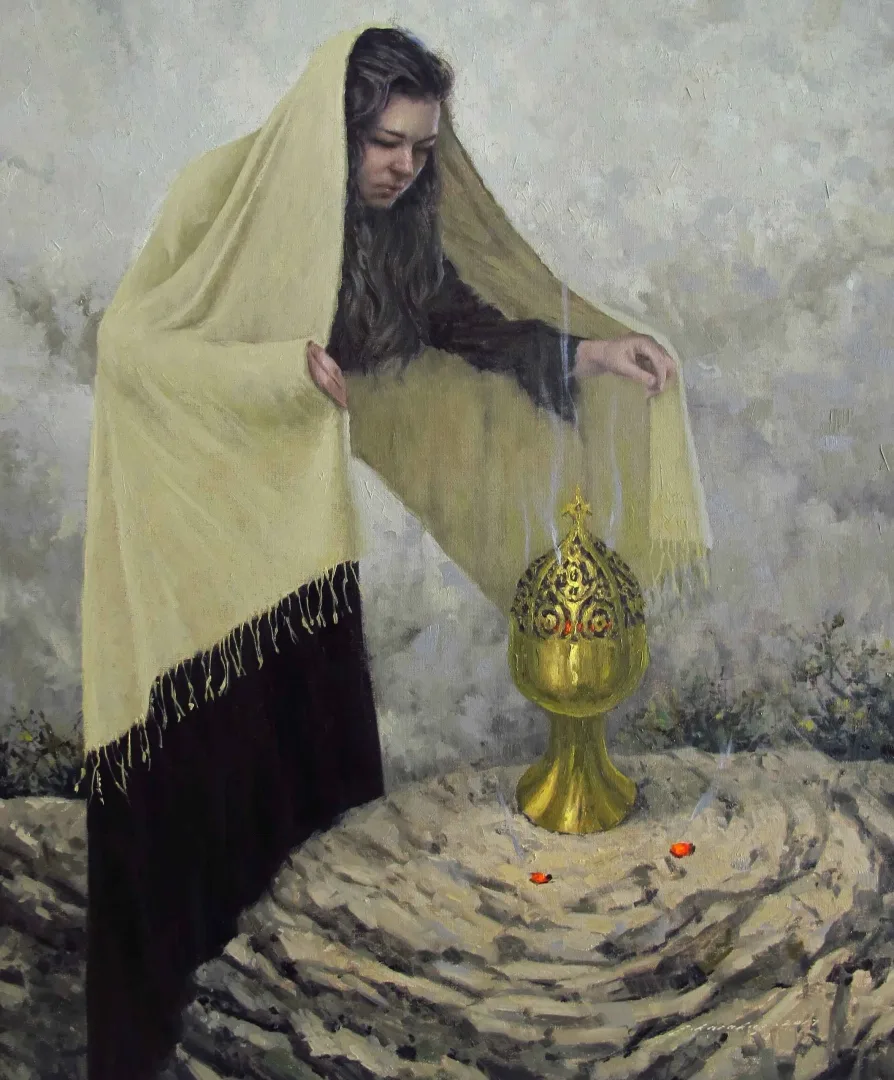 yakınlaştır "Buhurdan-3" eseri FATİH KARAKAŞ tarafından 2017 yılında 60x50 cm ölçülerinde Tuval üzeri yağlı boya tekniği ile yapılmıştır.
