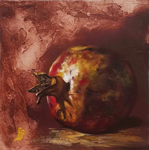 "Narlı Natürmort" eseri HÜSEYİN FEYZULLAH tarafından 2017 yılında 25x25 cm ölçülerinde Tuval üzeri yağlı boya tekniği ile yapılmıştır.