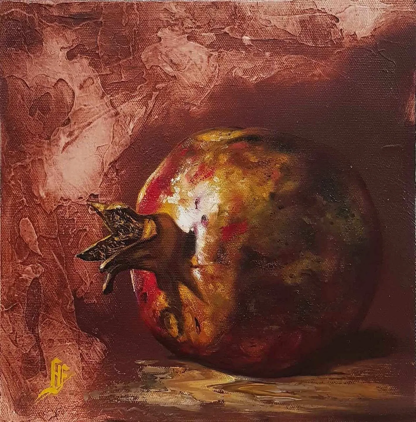 "Narlı Natürmort" eseri HÜSEYİN FEYZULLAH tarafından 2017 yılında 25x25 cm ölçülerinde Tuval üzeri yağlı boya tekniği ile yapılmıştır.