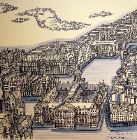 "Amsterdam" eseri SÜMEYYE YUŞAN tarafından 2017 yılında 25x25 cm ölçülerinde Tuval üzeri karışık teknik tekniği ile yapılmıştır.