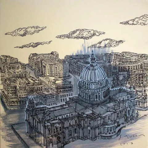 SÜMEYYE YUŞAN — “St. Paul s”, 2017 "St. Paul s" eseri SÜMEYYE YUŞAN tarafından 2017 yılında 25x25 cm ölçülerinde Tuval üzeri karışık teknik tekniği ile yapılmıştır.