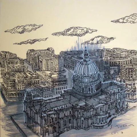 "St. Paul s" eseri SÜMEYYE YUŞAN tarafından 2017 yılında 25x25 cm ölçülerinde Tuval üzeri karışık teknik tekniği ile yapılmıştır.