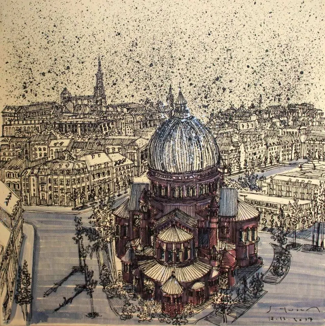 "St. Pierre Le Jeune" eseri SÜMEYYE YUŞAN tarafından 2017 yılında 25x25 cm ölçülerinde Tuval üzeri karışık teknik tekniği ile yapılmıştır.