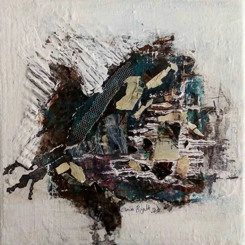 EMİNE BIYIKLI — “Boşluğun Sığınakları”, 2017 "Boşluğun Sığınakları" eseri EMİNE BIYIKLI tarafından 2017 yılında 25x25 cm ölçülerinde Tuval üzeri karışık teknik tekniği ile yapılmıştır.