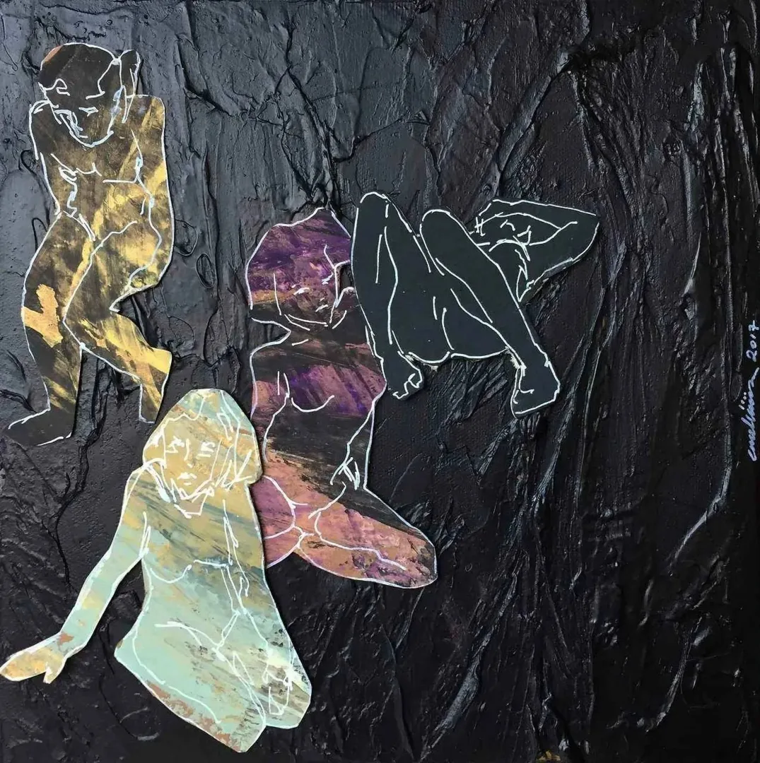 "Relations" eseri EMEL ÜLÜŞ tarafından 2017 yılında 25x25 cm ölçülerinde Tuval üzeri karışık teknik tekniği ile yapılmıştır.