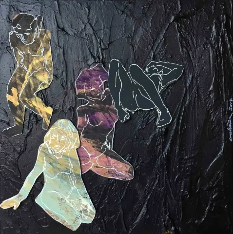 "Relations" eseri EMEL ÜLÜŞ tarafından 2017 yılında 25x25 cm ölçülerinde Tuval üzeri karışık teknik tekniği ile yapılmıştır.
