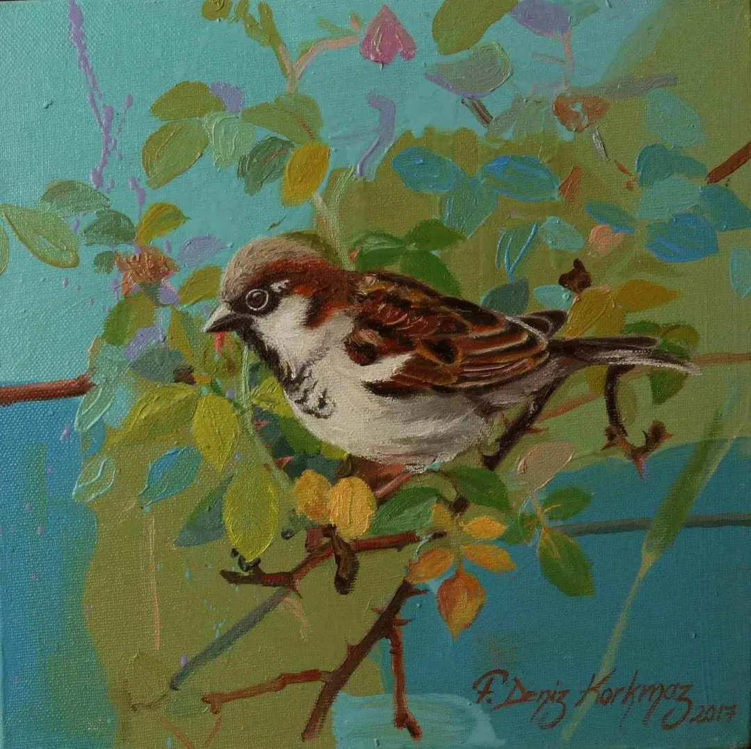 yakınlaştır "Serçe" eseri F. DENİZ KORKMAZ tarafından 2017 yılında 25x25 cm ölçülerinde Tuval üzeri yağlı boya tekniği ile yapılmıştır.